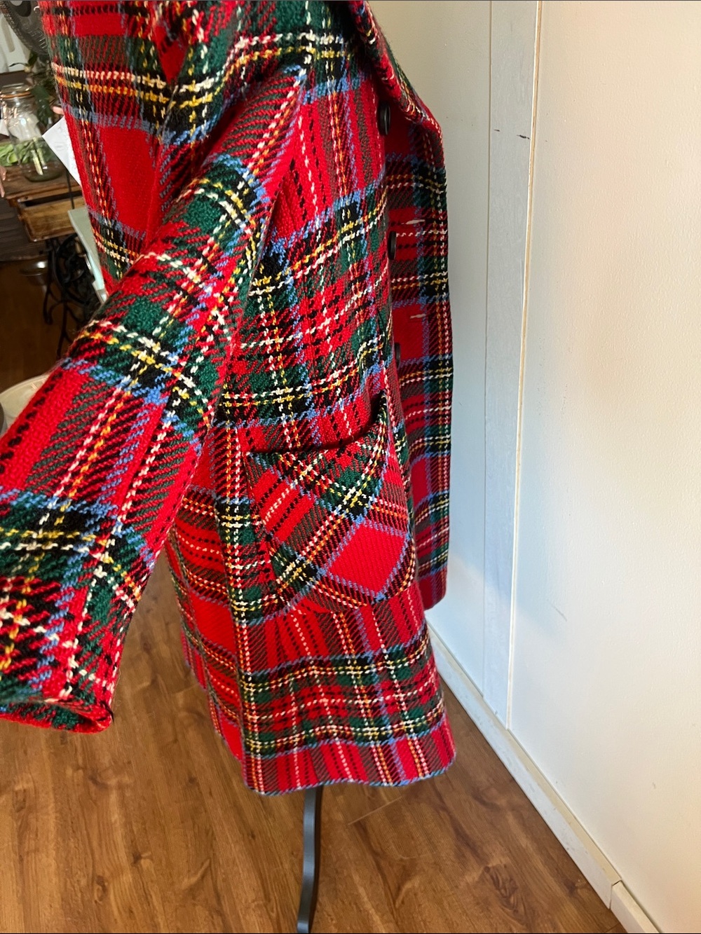 Vintage Red Plaid Double-Breasted Warm Irish Wool Coat - Picture 10 of 15